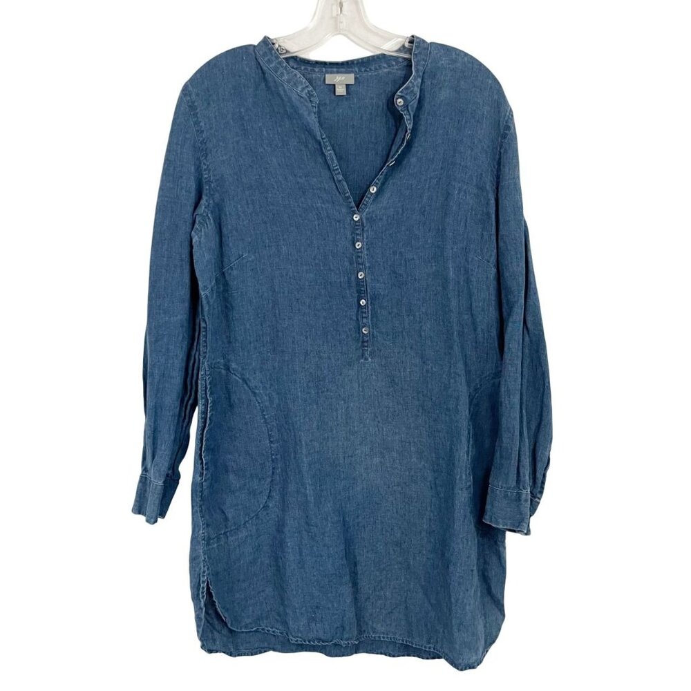 J. Jill Blue Chambray Linen Long Sleeve Dress Pockets Lagenlook Boho Size Medium